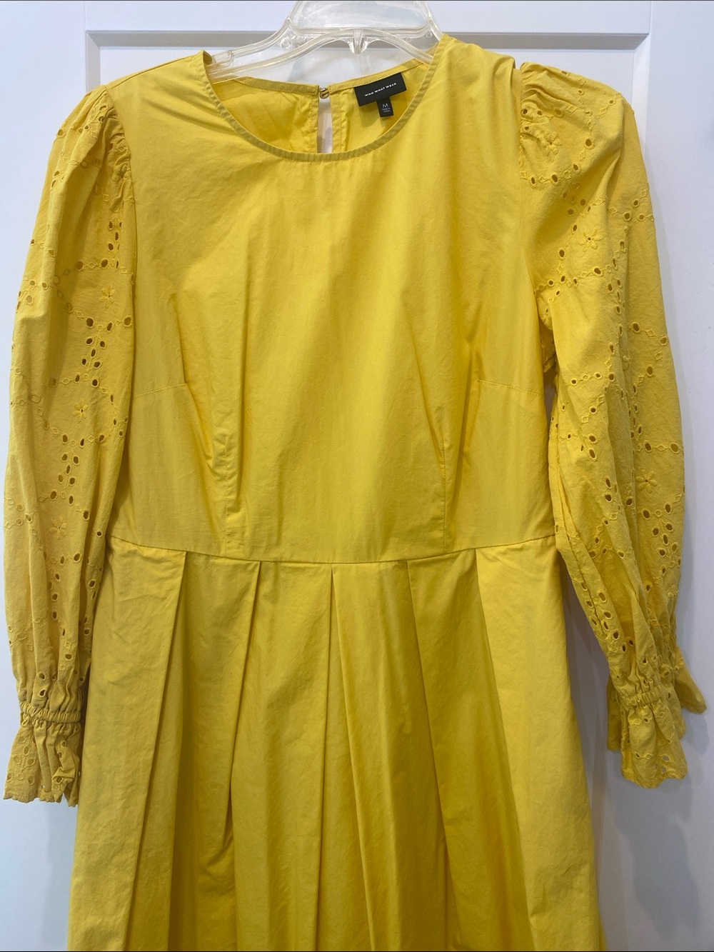 Who What Wear Bright Yellow Eyelet Puff Sleeve Pleated Dress